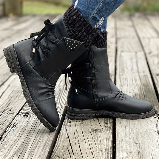 Vintage Classic Mid-Calf Boots – Elastic Collar & Lace Up Design for Wide / Plus Calves