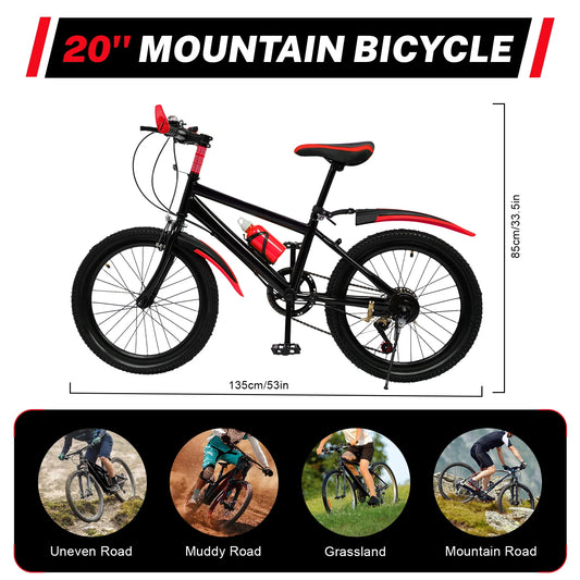 20" Red Mountain Bike for Kids, Adjustable Seat, Multi-speed Gear System, Front and Rear Brakes, Water Cup Holder