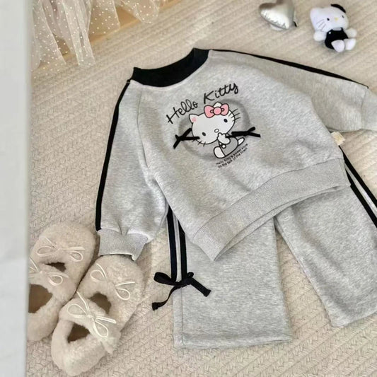 Baby Girl Clothes Set Autumn Kid Hello Kitty Sweatshirts Pullover Bow Top & Striped Pants 2pcs Suit Children Tracksuits Outfits