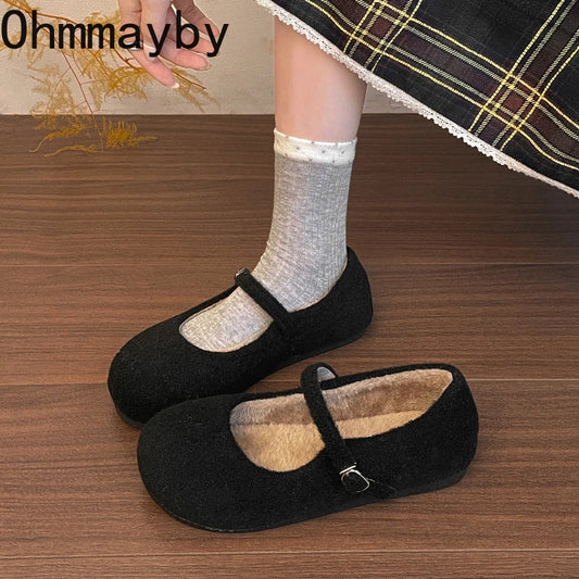 Autumn Winter Vintage Women Fur Ballet Flats Comfort Round Toe Soft Sole Shoes Outdoor Warm Short Plush Mary Jane Shoes