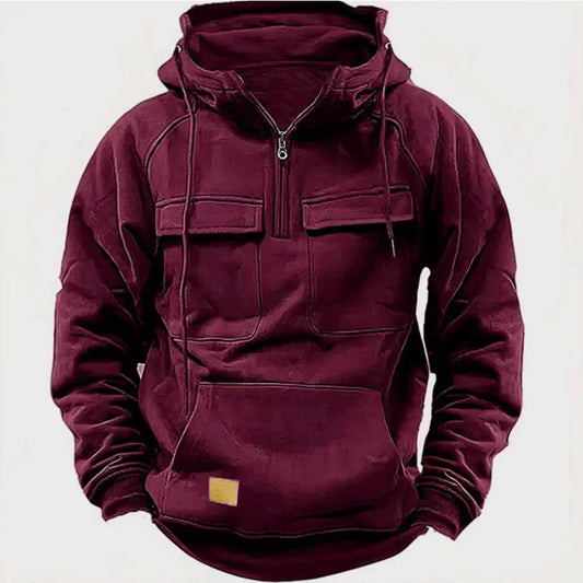 New autumn-winter men's hooded solid-color casual hoodie - fashionable young man's multi-pocket patch hoodie pullover shirt