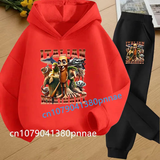 Tralalero Tralala Tung Tung Tung Funny Italian Brainrot Kids Clothes Boys Hoodie+Pants 2pcs Set Girls Tracksuit Children Outfits
