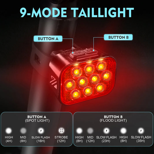 Conjunto de luzes traseiras dianteiras para bicicleta Bucklos, farol com carregamento USB, à prova de água, luz traseira BTT, lâmpada LED para ciclismo, peças para bicicleta
