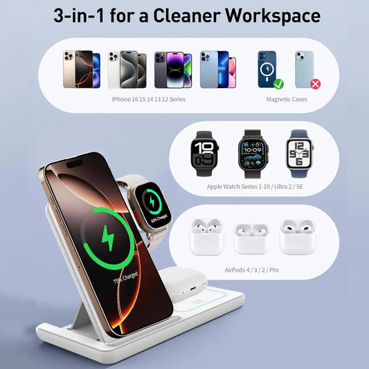 100W Foldable 3 in 1 Night Light Wireless Charger Stand For iPhone Apple Watch 2-8 SE Airpods Pro Fast Charging Station