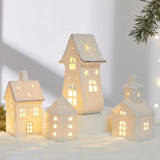 Glowing Ceramic Christmas Light Decorations LED Christmas Tree Luminous Hut Desktop Home Ornaments Scene Props Xmas Gifts