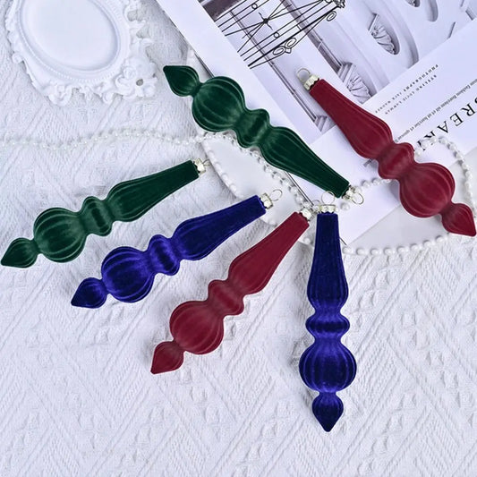 6pcs Flocked Velvet Christmas Gourd Pendant Plastic Shatterproof Christmas Cone Ball Set Reusable Xmas Tree Hanging Ornaments