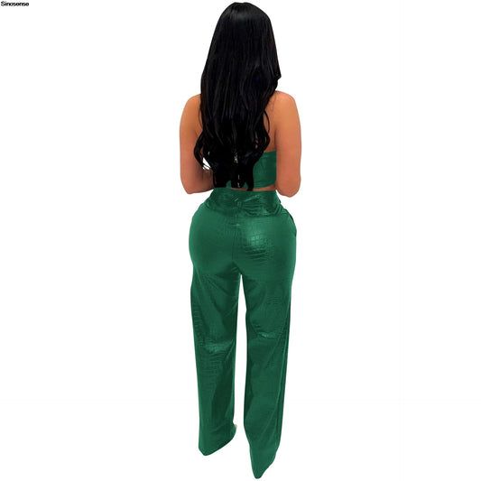 Conjunto feminino sexy chique de pele sintética, duas peças, top curto e calças largas, roupa para festa e discoteca Y2K