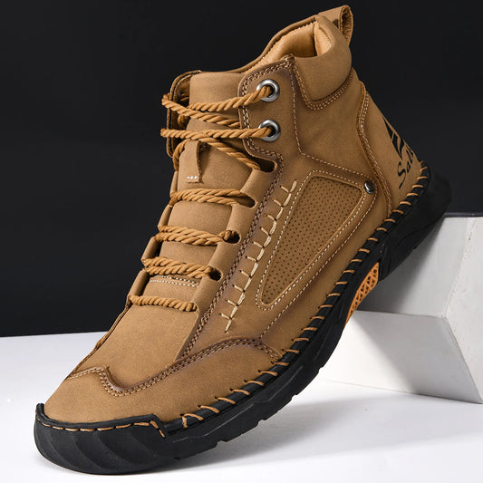Hand-stitching Casual Leather Shoes Men Boots Outdoor Autumn Retro Breathable Casual Shoes Lace Up Blue Ankle Boots Winter