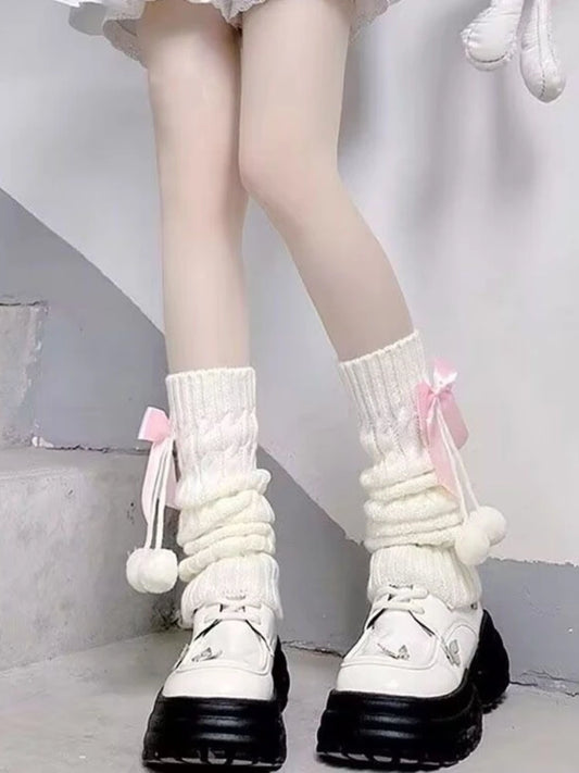 Preppy Style Knitted Leg Warmers Winter Japanese Style Warm Lolita JK Bowknot Socks Slimming Fashion Leg Covers