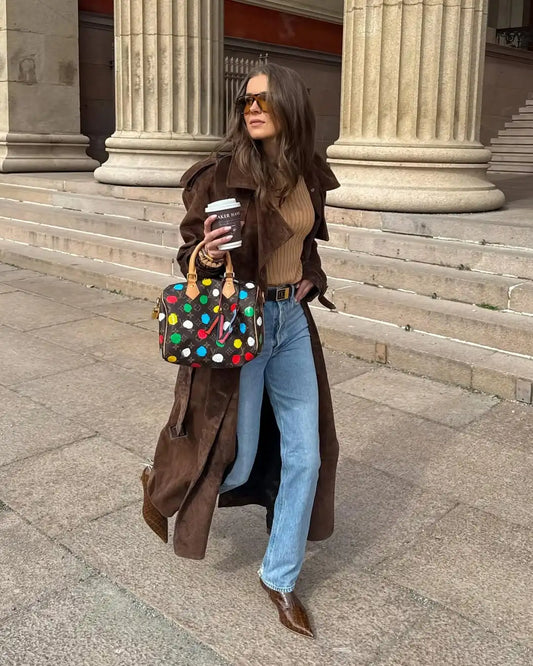 Brown Long Suede Overcoat Women Fashion Solid Chic Lapel Single Breasted Loose Outerwear Lady Autumn Daily Highstreet Jacket