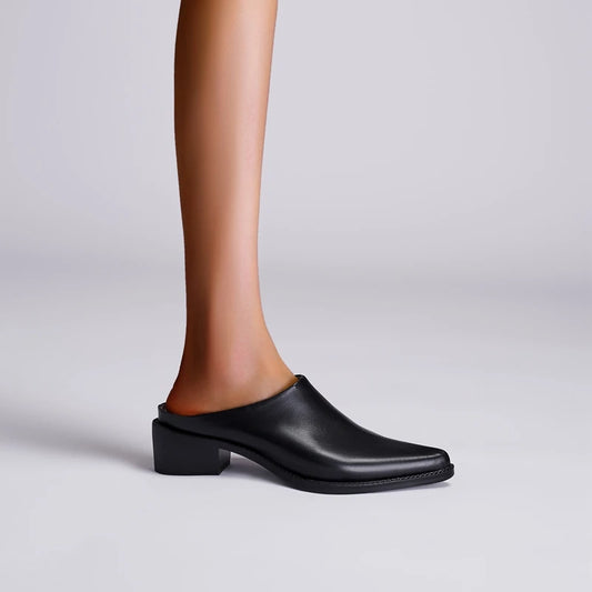 Kaky's New Pointed Cow Tied Leather Thick Heel Medium Heel Large Women's Slippers, Wrapped Half Slippers, Muller Shoes