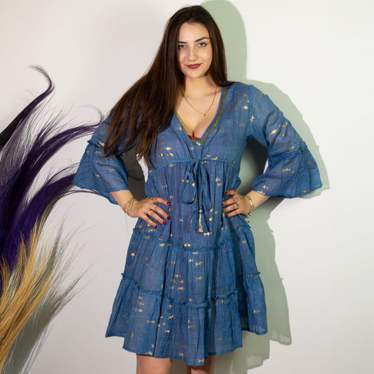 (ML) Nomad Sari On the Med Collection - Dress - Sea Blue & Gold Fish Design