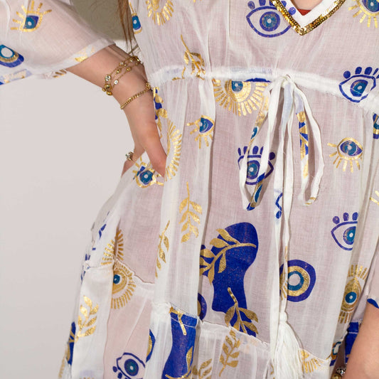 (ML) Nomad Sari On the Med Collection - Dress - White , Blue & Gold Evil Eye Design