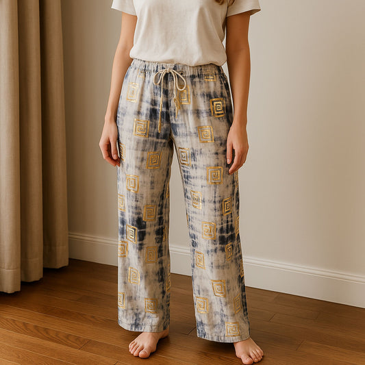 (ML) Nomad Sari On the Med Collection - Lounge Pants - Gold & Blue Greek Motiff - Handpainted