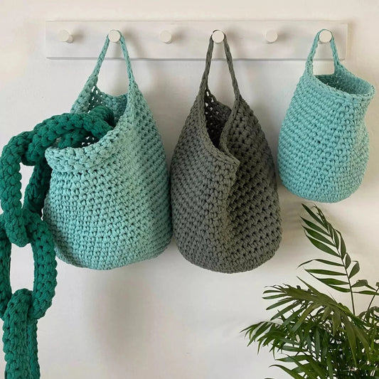 Crochet Hanging Baskets, Mint Kids Room Wall Storage Bags
