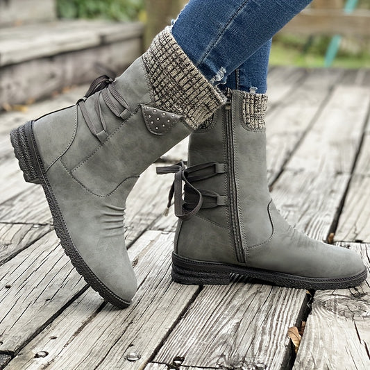 Vintage Classic Mid-Calf Boots – Elastic Collar & Lace Up Design for Wide / Plus Calves