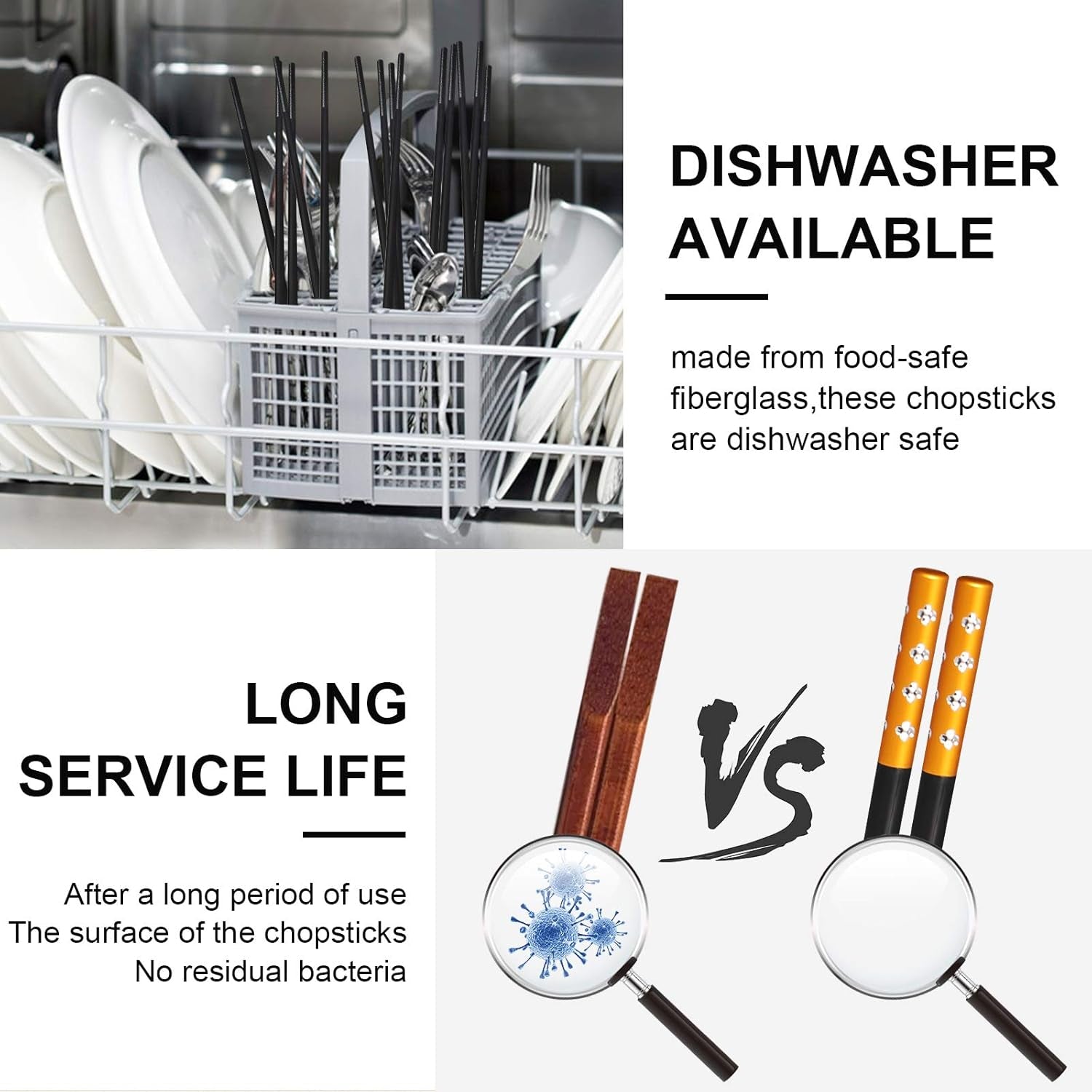 10 Pairs Fiberglass Chopsticks, Non-Slip Chopsticks, Dishwasher Safe for Chinese Style Japanese Food Cooking Chopstick (9.5 Inch Five Colors)