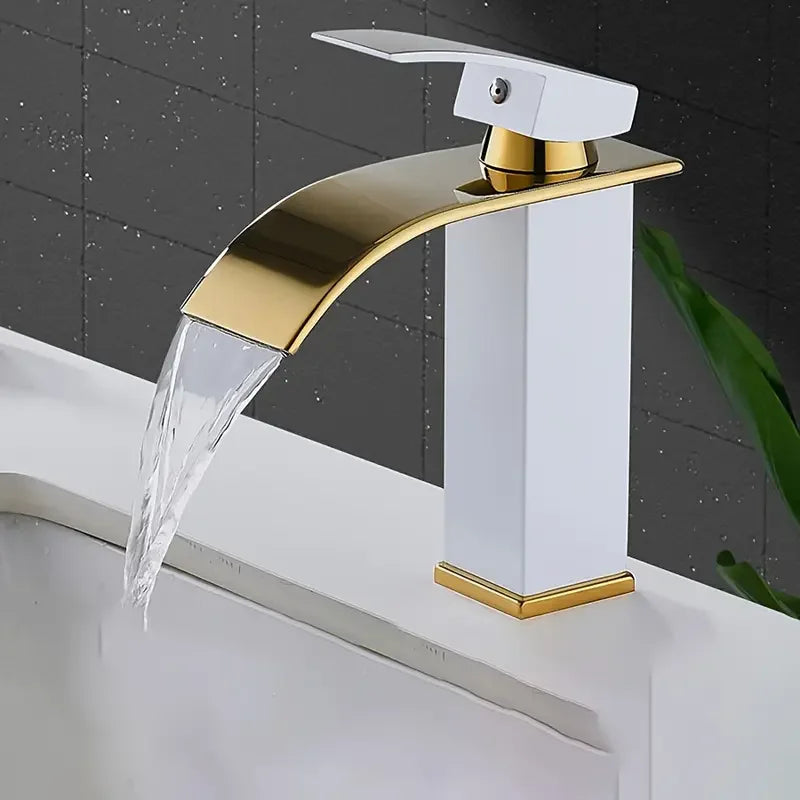 New Luxury Black White Gold Waterfall Faucet Hot and Cold Dual Control Stainless Steel Alloy Finish Suitable for Bathroom Sink
