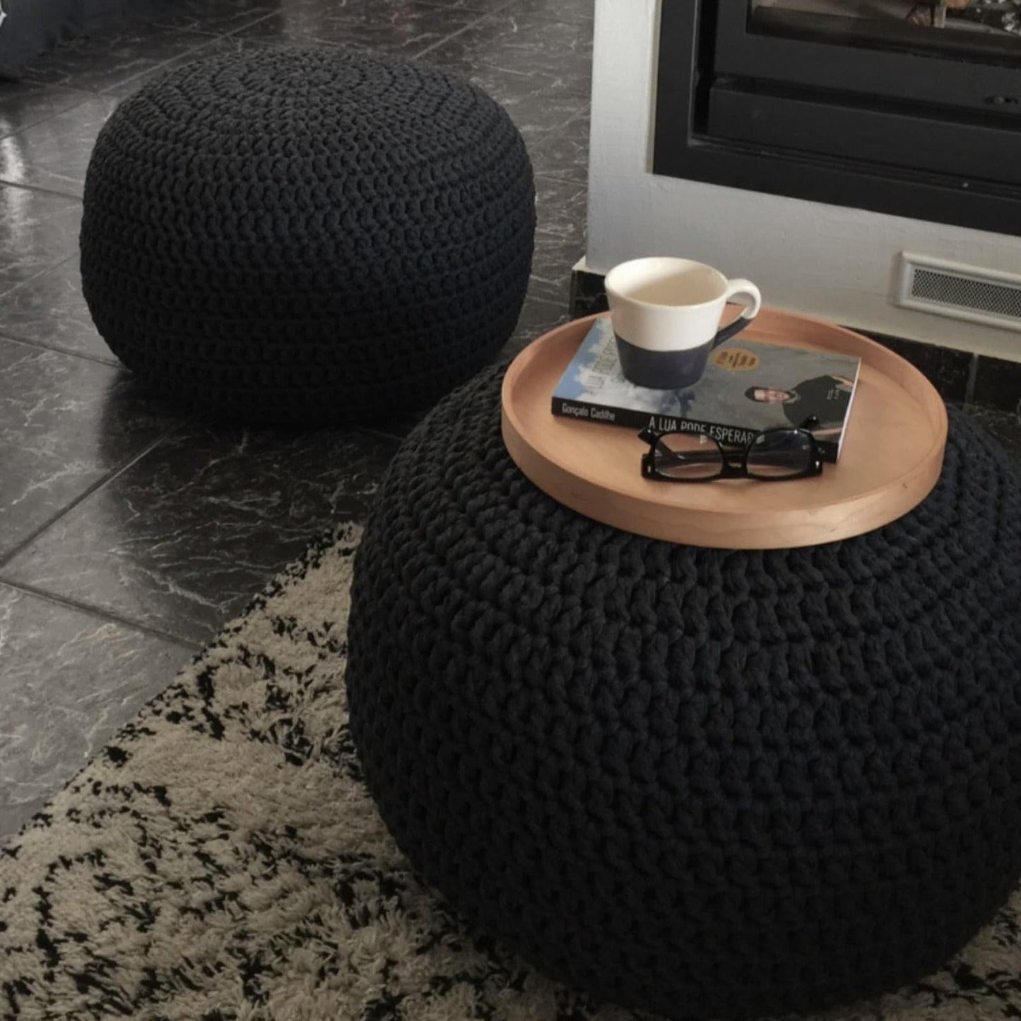 Crochet Pouffe Ottoman - Charcoal