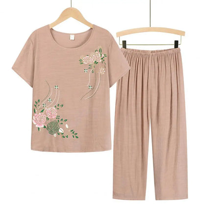 Conjunto de duas peças de calças de verão para mulher, manga curta, elegante, estampado floral, t-shirt, calças largas, roupa de meia-idade