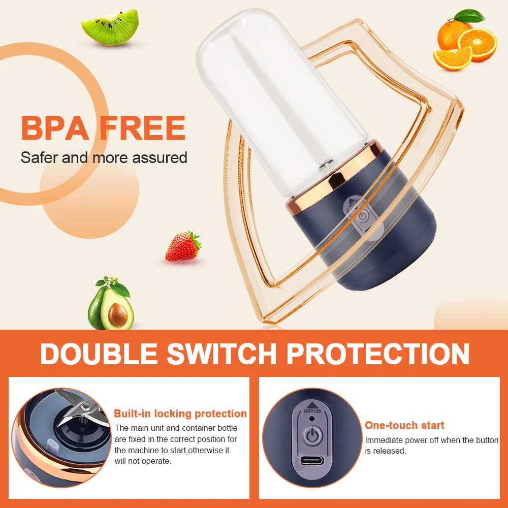 400ml Portable Blender Cup Bottle USB Rechargeable 6 Blades Fruit Mixer Mini Hand Juicer Blender Smoothie