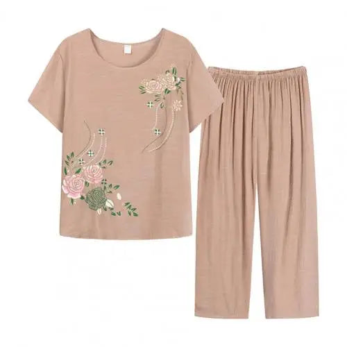 Conjunto de duas peças de calças de verão para mulher, manga curta, elegante, estampado floral, t-shirt, calças largas, roupa de meia-idade