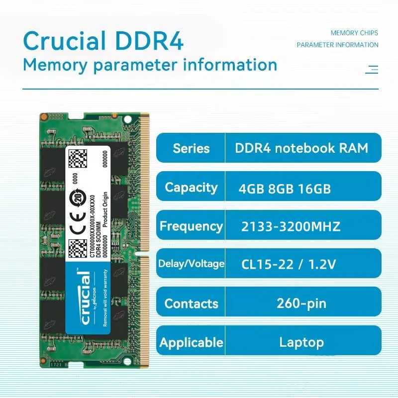 Crucial DDR4 Laptop Memory RAM 4GB 8GB 16GB PC4-2133 2400 2666 3200MHZ 1.2V 260PIN Notebook RAM in Stock