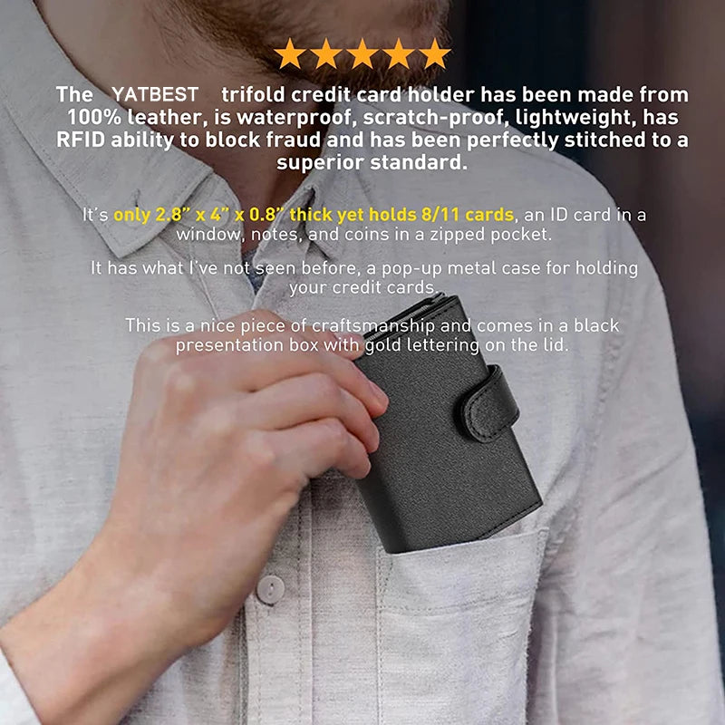 YATBEST Men's Slim RFID Wallet – Pop-Up Card Holder, Coin Pocket, Minimalist Leather