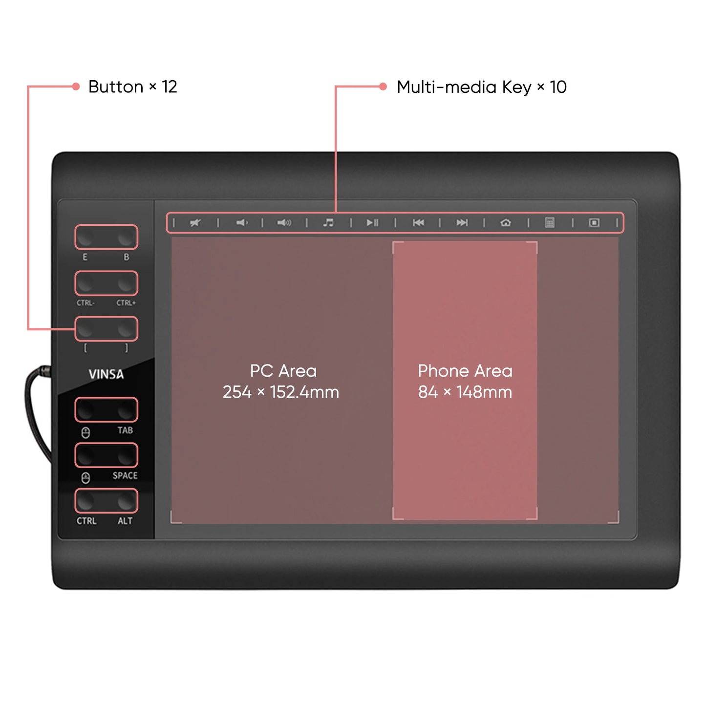 VINSA 1060Plus Graphic Tablet Drawing Pad With Digital Pen 12 Hot Keys With Wireless Stylus Mesa Digitalizadora