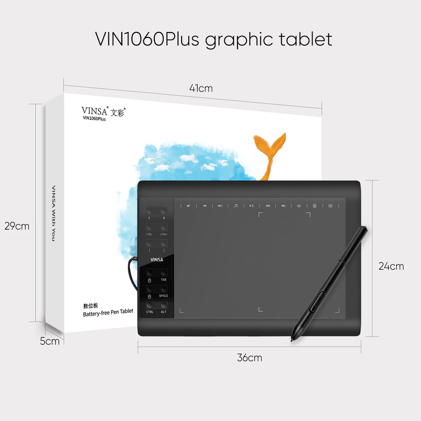 VINSA 1060Plus Graphic Tablet Drawing Pad With Digital Pen 12 Hot Keys With Wireless Stylus Mesa Digitalizadora