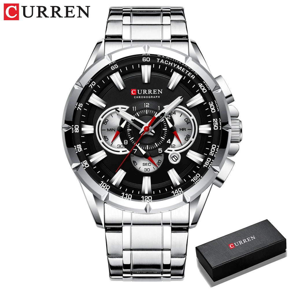 CURREN Men's Chronograph Watch Big Dial Stainless Steel Luminous Sport Quartz