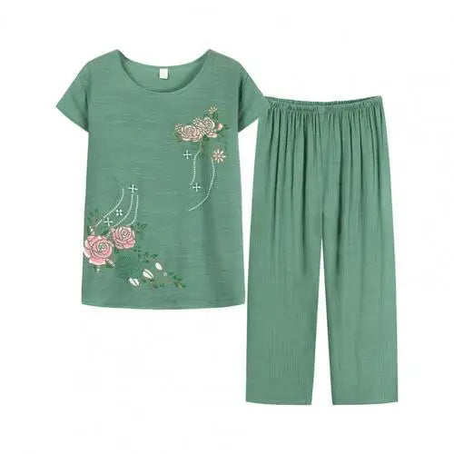 Conjunto de duas peças de calças de verão para mulher, manga curta, elegante, estampado floral, t-shirt, calças largas, roupa de meia-idade