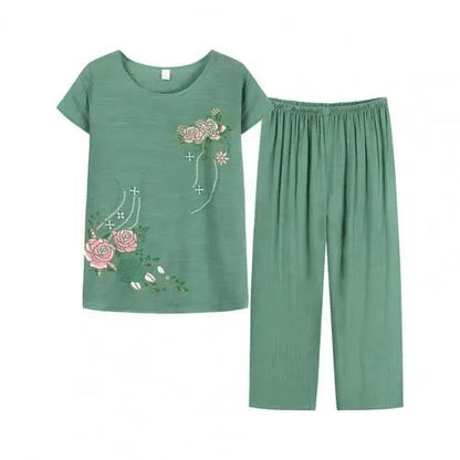 Conjunto de duas peças de calças de verão para mulher, manga curta, elegante, estampado floral, t-shirt, calças largas, roupa de meia-idade