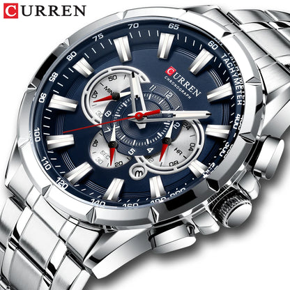 CURREN Men's Chronograph Watch Big Dial Stainless Steel Luminous Sport Quartz