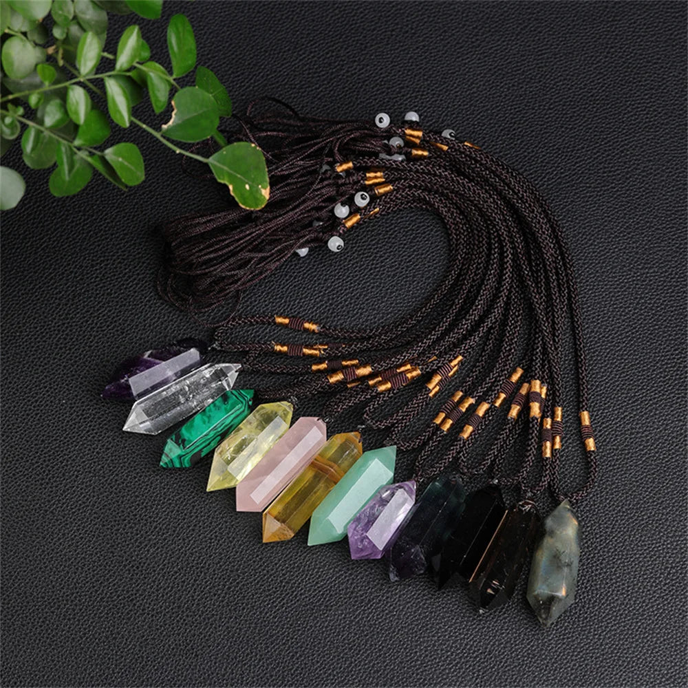 1Pc Natural Amethyst Citrine Malachite Pink Crystal Pendant Double Pointed Hexagonal Necklace Gemstone Reiki Healing Crystals