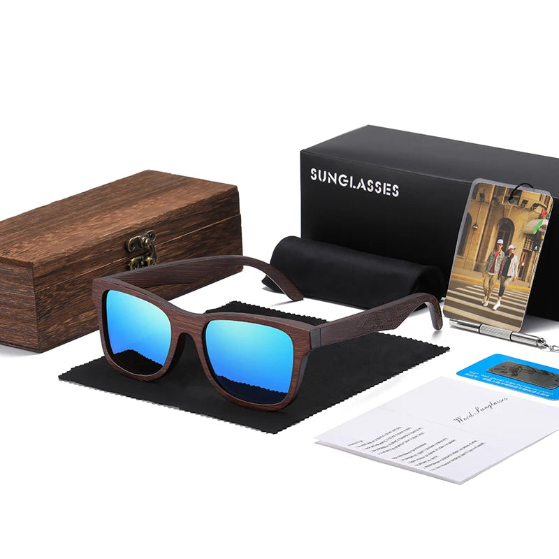 GM Bamboo Wooden Sunglasses Polarized Handmade Mirror Coating Lenses Gift Box