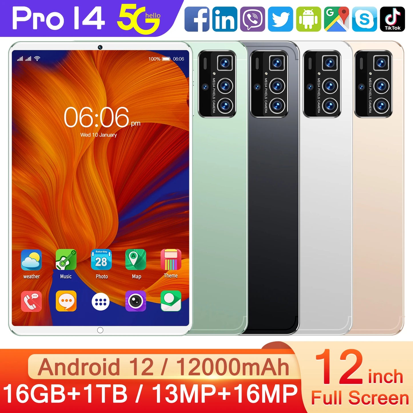 2025 Global 14 Pro Table PC Customized 16GB+1TB Android Tablet  12 Inch Dual SIM Educational Call Android Table Pc