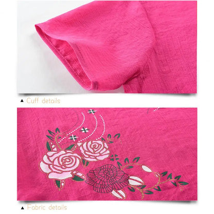 Conjunto de duas peças de calças de verão para mulher, manga curta, elegante, estampado floral, t-shirt, calças largas, roupa de meia-idade