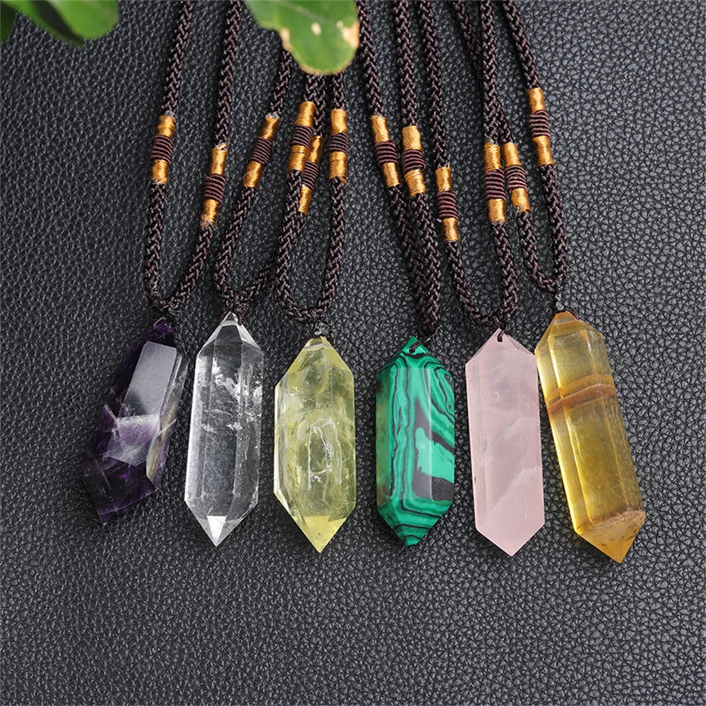 1Pc Natural Amethyst Citrine Malachite Pink Crystal Pendant Double Pointed Hexagonal Necklace Gemstone Reiki Healing Crystals