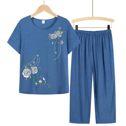 Conjunto de duas peças de calças de verão para mulher, manga curta, elegante, estampado floral, t-shirt, calças largas, roupa de meia-idade
