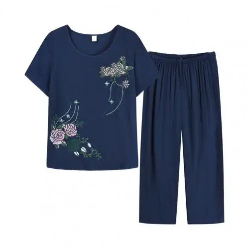 Conjunto de duas peças de calças de verão para mulher, manga curta, elegante, estampado floral, t-shirt, calças largas, roupa de meia-idade