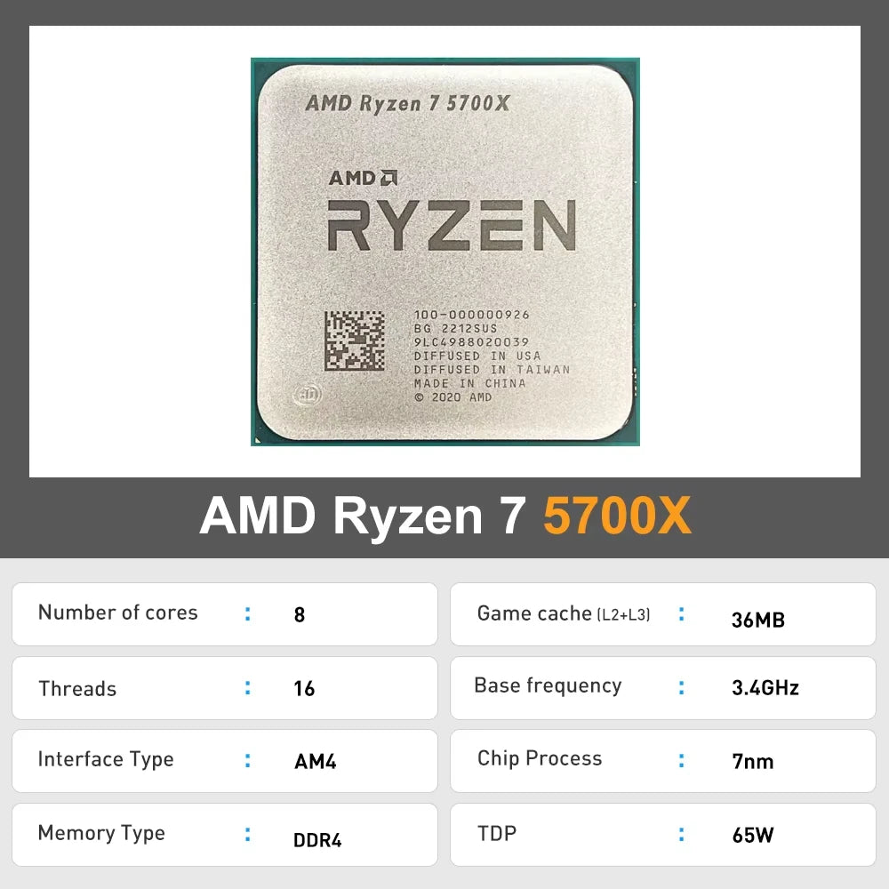 AMD New Ryzen 7 5700X R7 5700X 3.4GHz 8 Core 16 Thread CPU Processor 7NM L3=32M Socket AMD AM4 Gaming Processador
