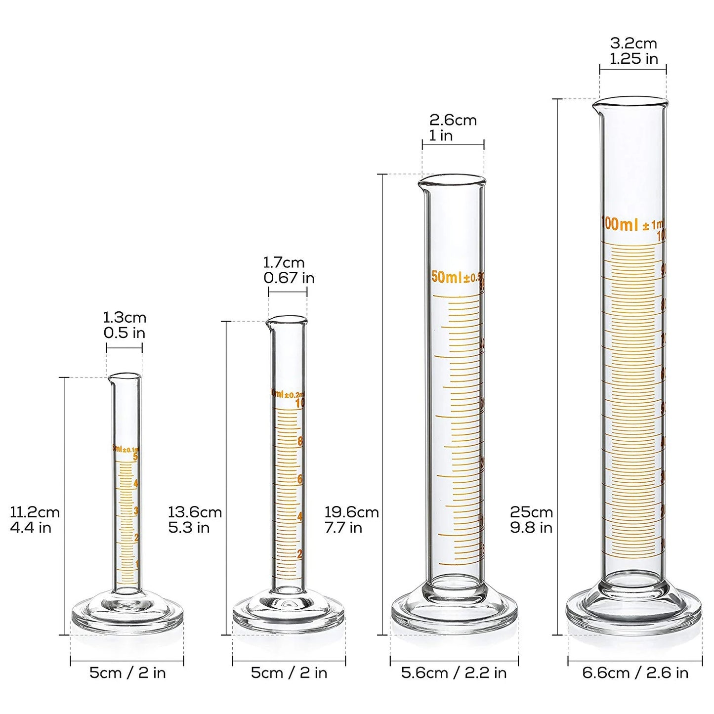 New-4 Measuring Cylinder - 5ml, 10ml, 50ml, 100ml - Premium Glass - Contains 2 Cleaning Brushes + 3 x 1ml Glass Pipettes