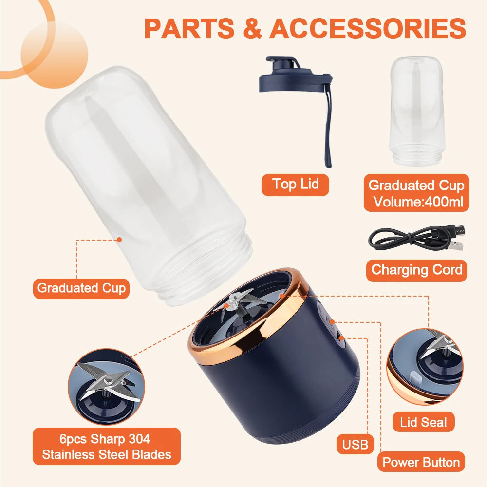 400ml Portable Blender Cup Bottle USB Rechargeable 6 Blades Fruit Mixer Mini Hand Juicer Blender Smoothie