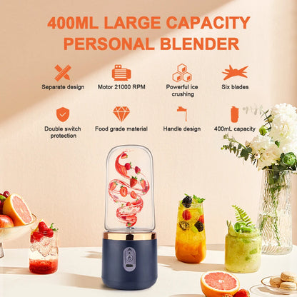 400ml Portable Blender Cup Bottle USB Rechargeable 6 Blades Fruit Mixer Mini Hand Juicer Blender Smoothie