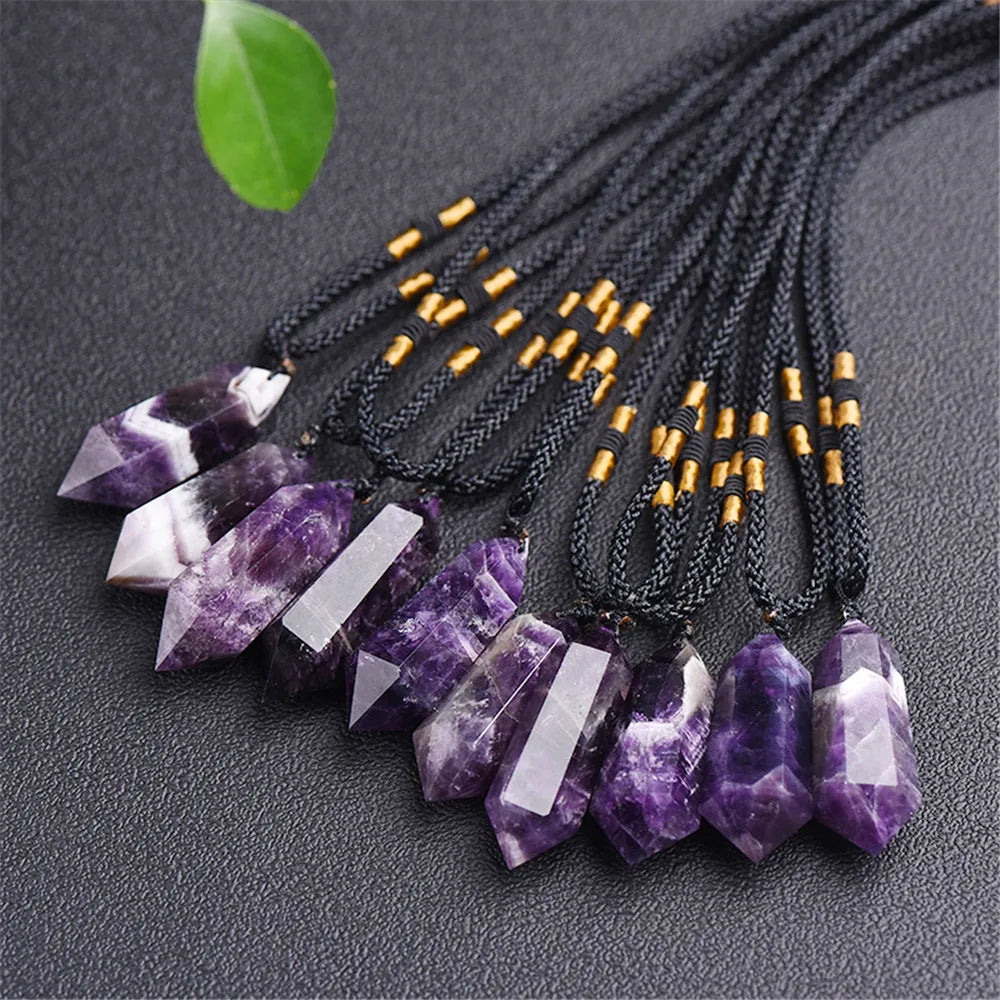 1Pc Natural Amethyst Citrine Malachite Pink Crystal Pendant Double Pointed Hexagonal Necklace Gemstone Reiki Healing Crystals