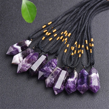 1Pc Natural Amethyst Citrine Malachite Pink Crystal Pendant Double Pointed Hexagonal Necklace Gemstone Reiki Healing Crystals