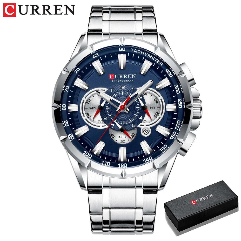 CURREN Men's Chronograph Watch Big Dial Stainless Steel Luminous Sport Quartz