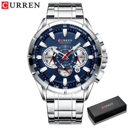 CURREN Men's Chronograph Watch Big Dial Stainless Steel Luminous Sport Quartz