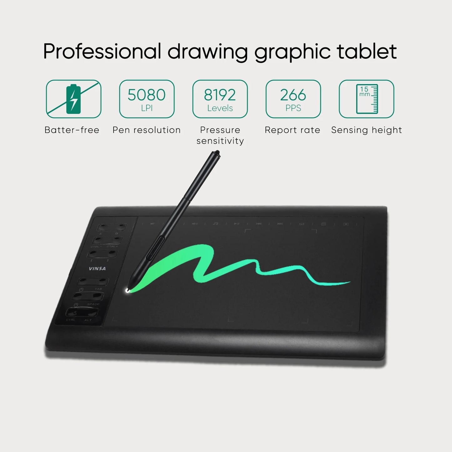 VINSA 1060Plus Graphic Tablet Drawing Pad With Digital Pen 12 Hot Keys With Wireless Stylus Mesa Digitalizadora